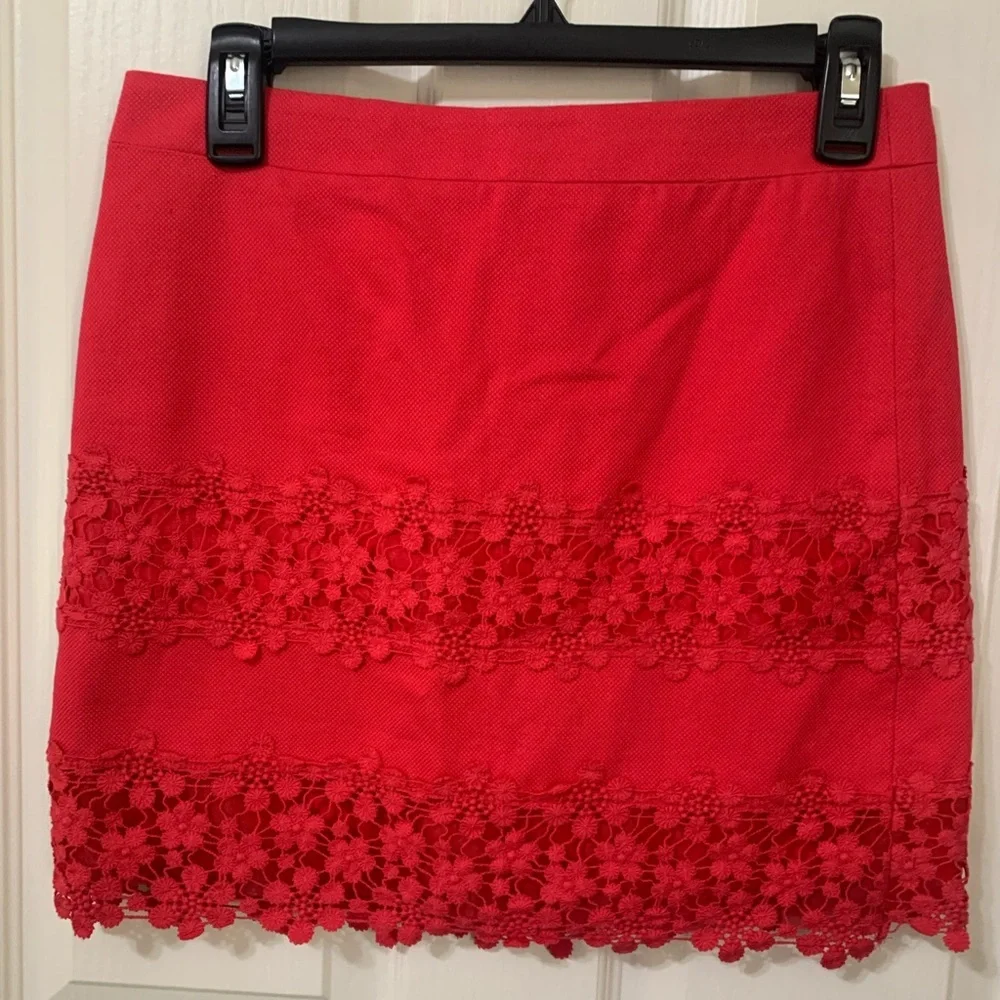 J Crew Mini Skirt Pink Red‎ Scalloped Floral Lace Trim Size 0 100% Cotton